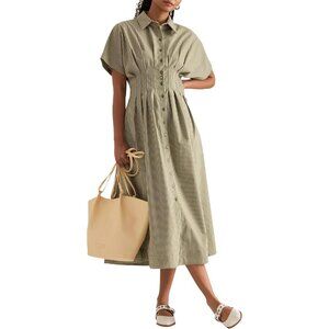 Women Maxi Dress Summer Casual Button Pleated Long Dress Short Sleeve
